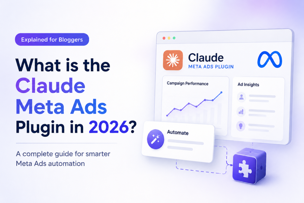 Illustration showing the Claude Meta Ads Plugin connected with Meta Ads Manager, highlighting AI-powered campaign automation, audience insights, ad optimization, and performance analytics for Meta advertising in 2026.
