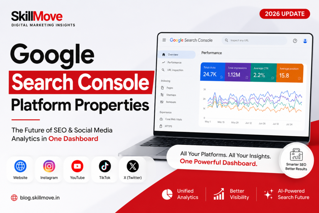 Google Search Console Platform Properties cinematic dashboard showing unified SEO analytics, AI search insights, website performance, and cross-platform visibility in 2026.
