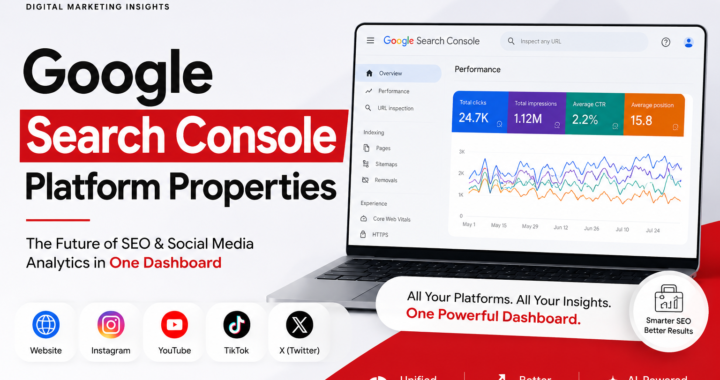 Google Search Console Platform Properties cinematic dashboard showing unified SEO analytics, AI search insights, website performance, and cross-platform visibility in 2026.