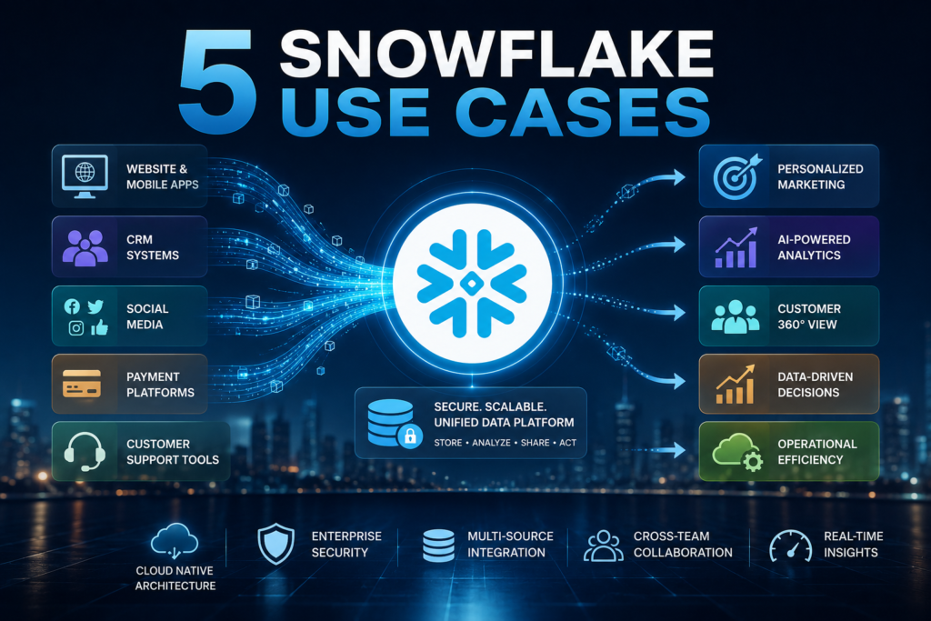 5 Snowflake Use Cases infographic showing how Snowflake unifies customer, sales, marketing, and operational data to enable analytics, AI insights, and data-driven business decisions.