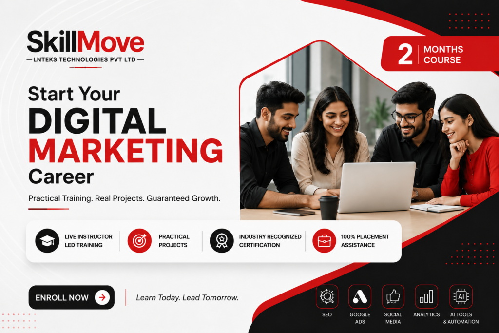 SkillMove Digital Marketing Course banner featuring 2-month industry-focused training with live instructor-led classes, practical projects, AI tools, Google Ads, SEO, social media marketing, analytics, and placement assistance.