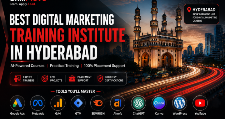 Premium featured image showcasing the best digital marketing training institute in Hyderabad with AI-powered marketing tools, Charminar skyline, expert training, practical projects, and placement-focused digital marketing courses.