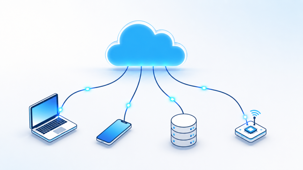 Illustration showing data flowing from a laptop, smartphone, database, and IoT device into a central cloud using connected data streams.