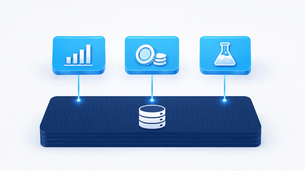 Modern isometric illustration showing a centralized data platform connecting analytics, finance, and data science teams through a shared storage layer.