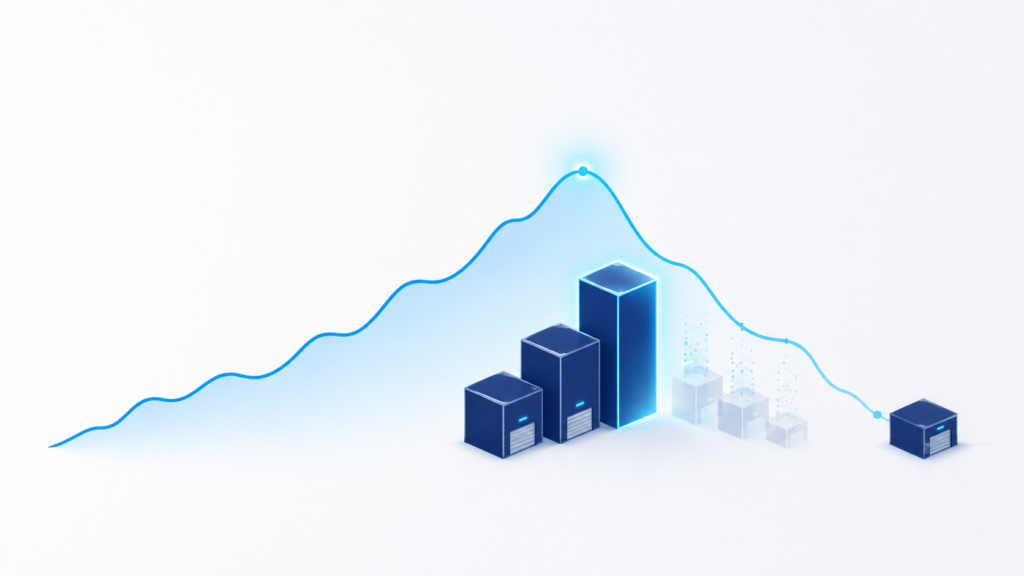 Isometric illustration showing a cloud data warehouse automatically scaling up during peak traffic and scaling down as demand decreases.