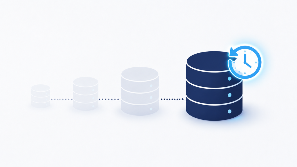 Isometric illustration of a database with historical snapshots connected by a timeline and a rewind clock icon representing data recovery and time travel.