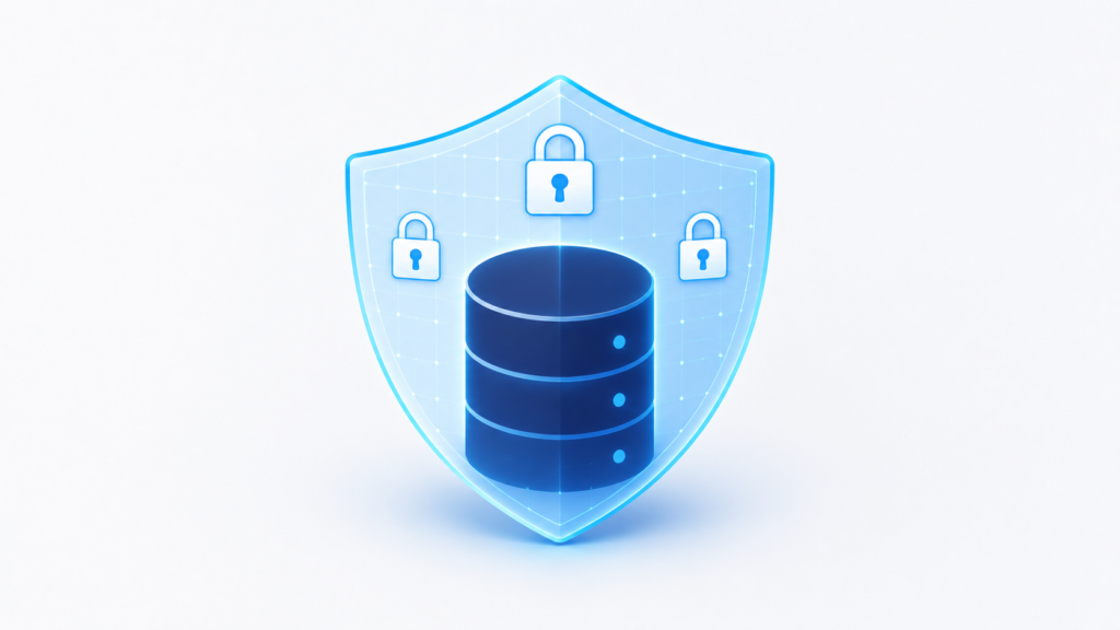 Isometric illustration of a secure cloud database protected by a transparent shield with multiple lock icons representing layered data security and encryption.
