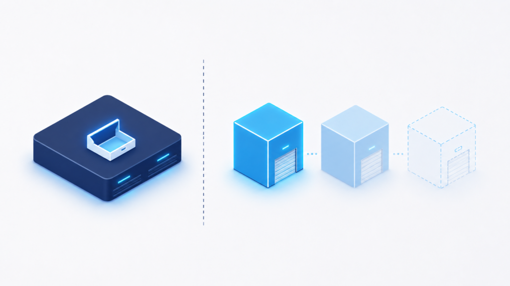 Isometric illustration showing always-on cloud storage separated from compute resources that transition between active, idle, and paused states.