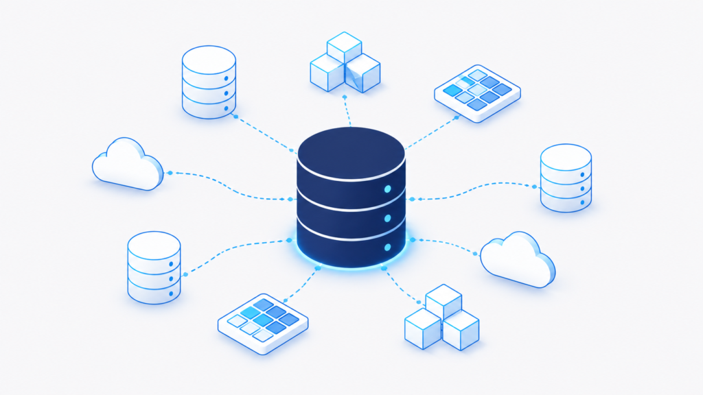 8 Key Snowflake Features for Data Engineers | SkillMove – Isometric illustration of a centralized Snowflake cloud database connected to multiple data sources, cloud services, and workloads, representing unified data architecture and seamless integration.