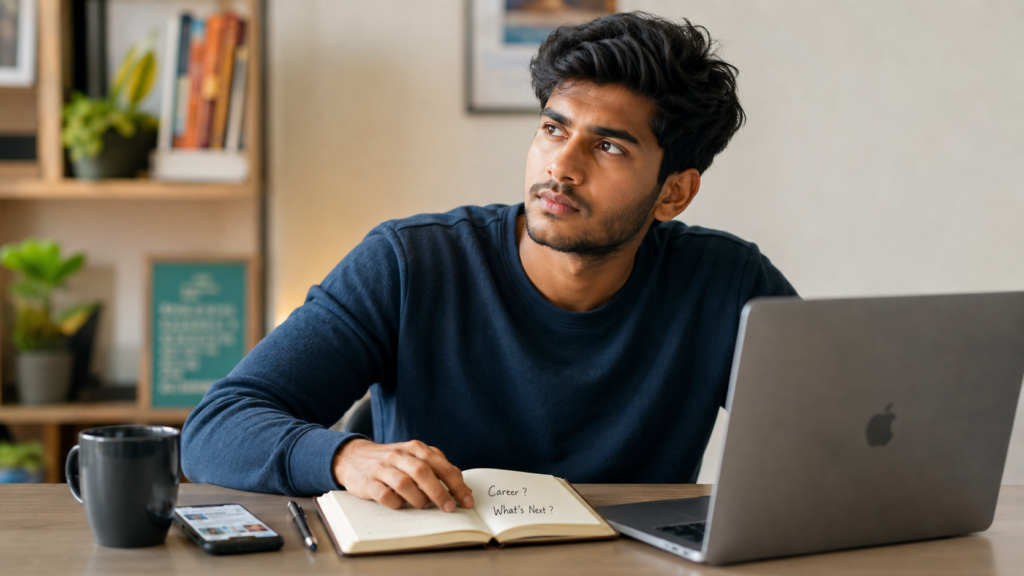 Young Indian student sitting at a desk with a laptop and notebook, thoughtfully looking into the distance while considering career options, with a phone, coffee cup, and handwritten "Career? What's Next?" note.