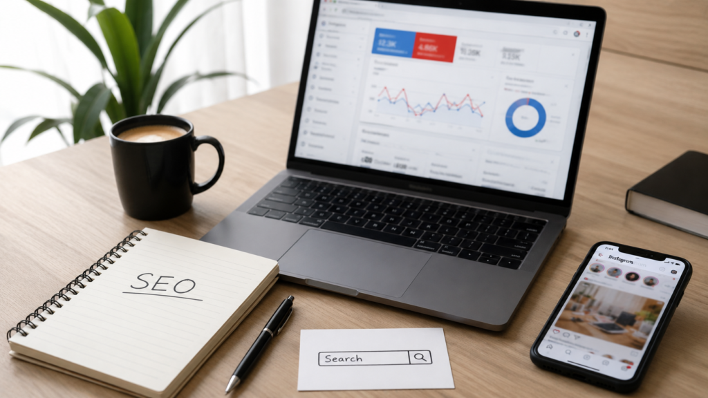 Digital marketing workspace with a laptop, smartphone, SEO notebook, and search planning tools representing practical learning at the Best Digital Marketing Training Institute in Dilsukhnagar.