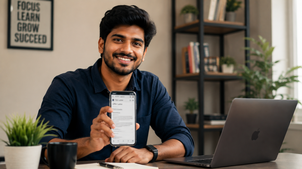 Young Indian professional smiling at a desk with a laptop and smartphone, representing career success after training at the Best Digital Marketing Training Institute in Dilsukhnagar.