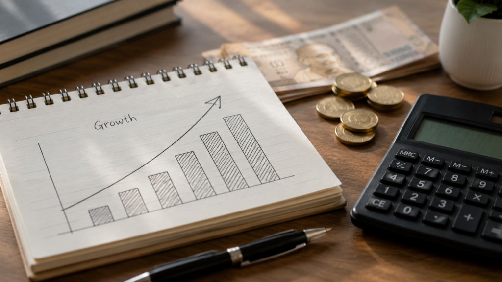 Hand-drawn growth chart on a notebook with a calculator and Indian rupee coins, representing career growth through the Best Digital Marketing Training Institute in Dilsukhnagar.