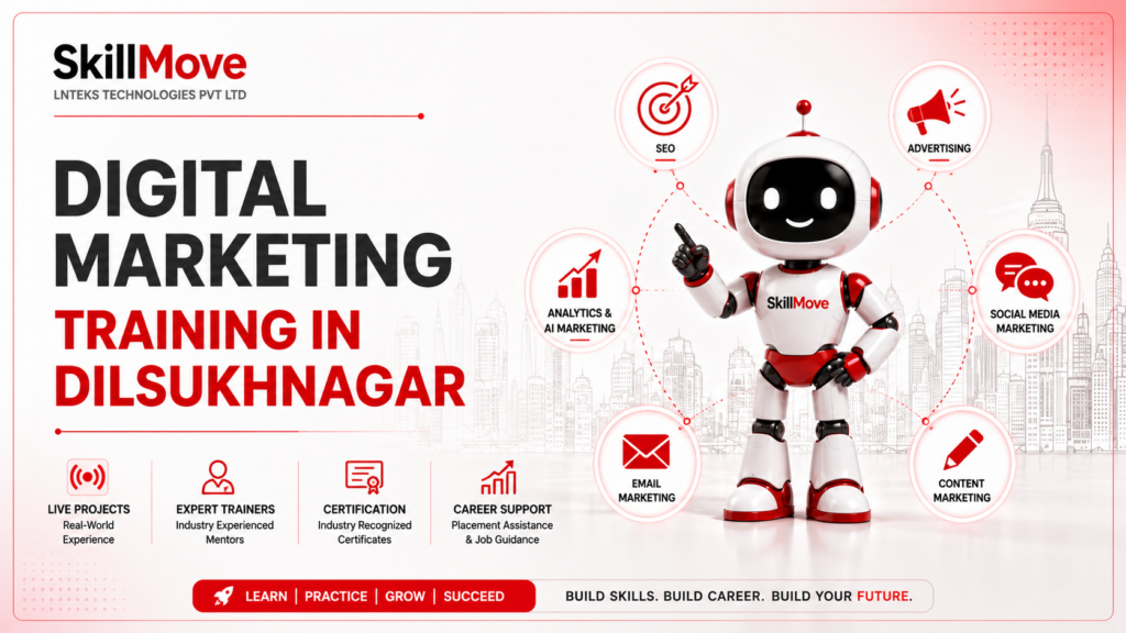 Digital Marketing Training in Dilsukhnagar banner by SkillMove featuring AI-powered digital marketing services, including SEO, social media marketing, content marketing, email marketing, advertising, and analytics.