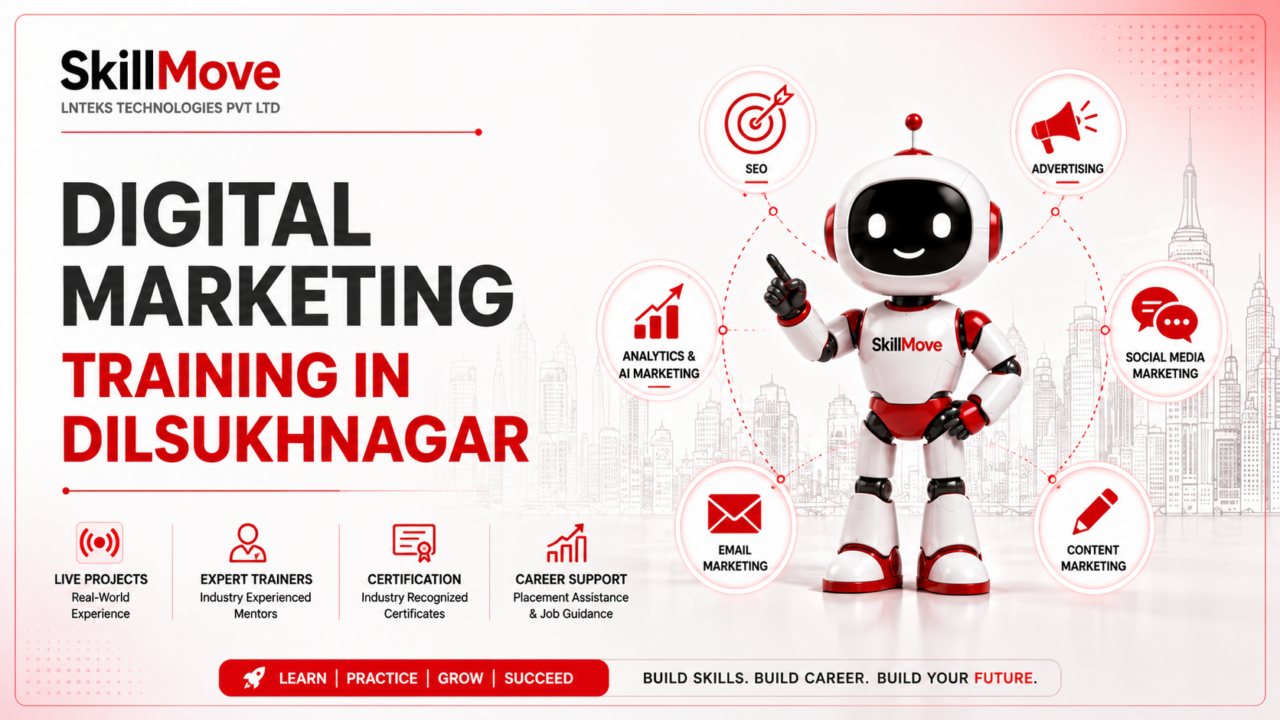 Digital Marketing Training in Dilsukhnagar banner by SkillMove featuring AI-powered digital marketing services, including SEO, social media marketing, content marketing, email marketing, advertising, and analytics.