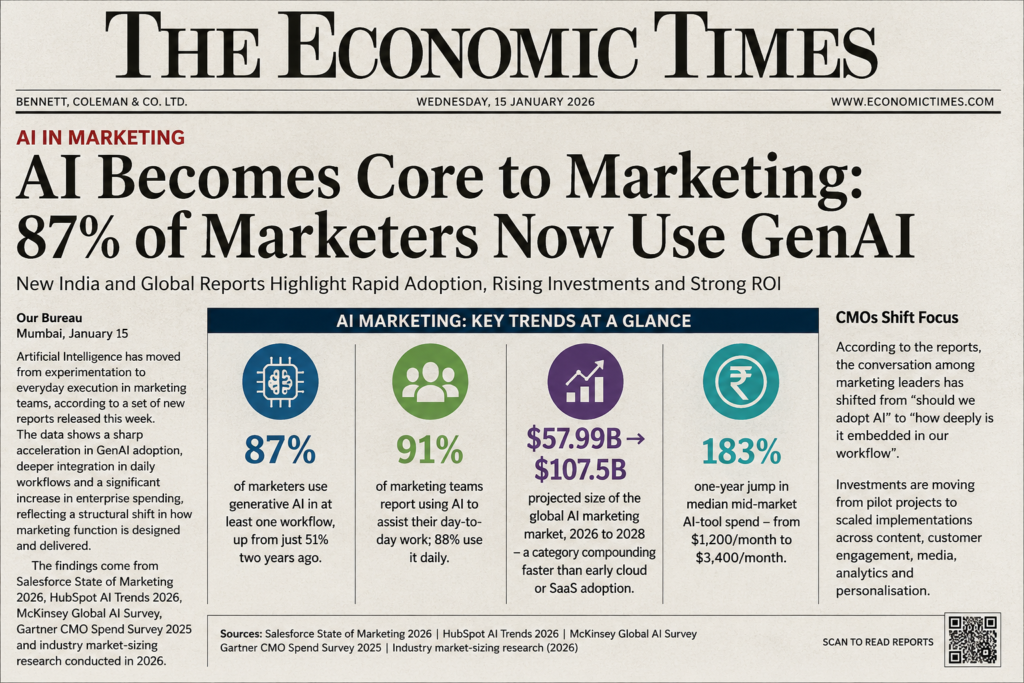 Newspaper-style infographic highlighting AI Digital Marketing statistics for 2026, including 87% of marketers using Generative AI, 91% daily AI adoption, projected AI marketing market growth from $57.99 billion to $107.5 billion, and increasing enterprise AI investments based on industry research from Salesforce, HubSpot, McKinsey, and Gartner