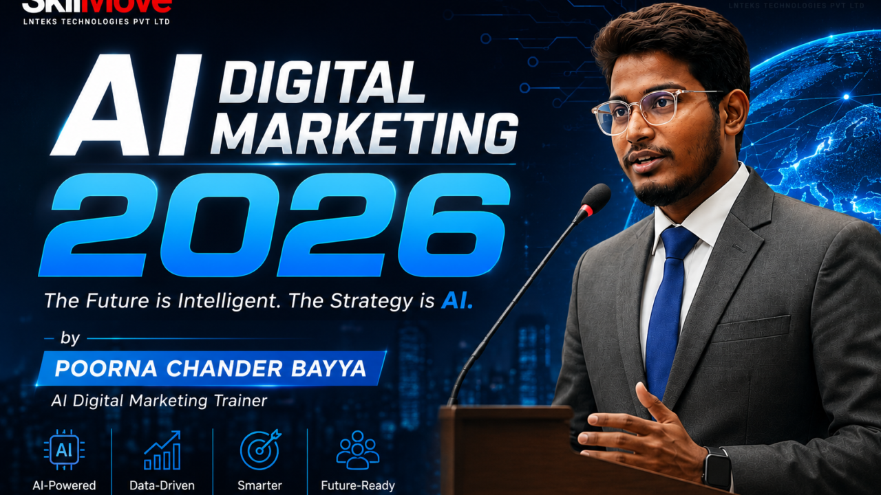 AI Digital Marketing 2026 featured blog image by Poorna Chander Bayya, AI Digital Marketing Trainer, featuring the SkilMove logo and professional speaker portrait.