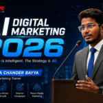 AI Digital Marketing 2026 featured blog image by Poorna Chander Bayya, AI Digital Marketing Trainer, featuring the SkilMove logo and professional speaker portrait.