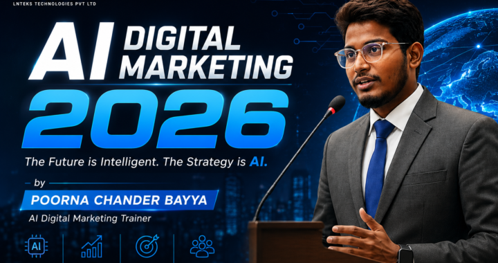 AI Digital Marketing 2026 featured blog image by Poorna Chander Bayya, AI Digital Marketing Trainer, featuring the SkilMove logo and professional speaker portrait.