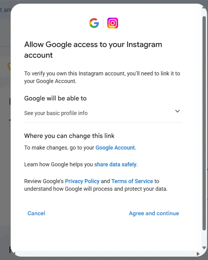 Google's permission screen for linking an Instagram account to Search Console — ownership verification happens through this account link, not through a website meta tag or DNS record.
