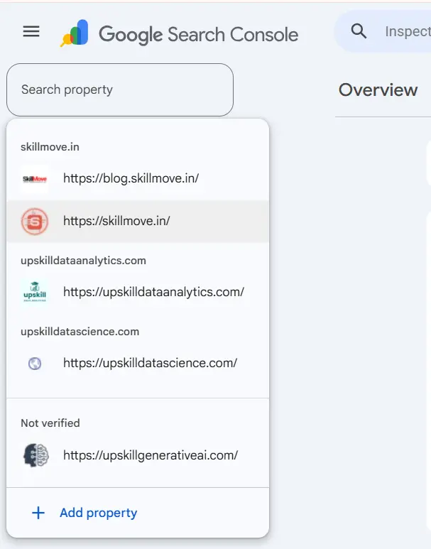 The Search Console property switcher, showing skillmove.in alongside other connected domain properties before any social platform was added.