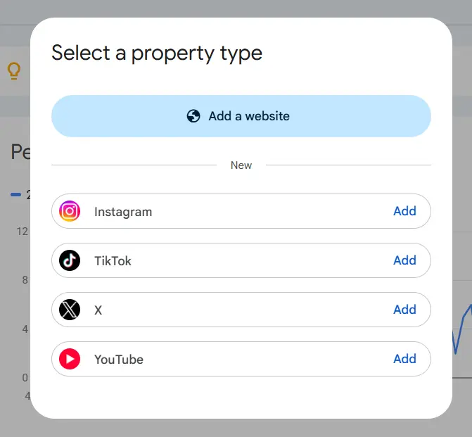 The same property-type selector, this time used to add a YouTube channel.
