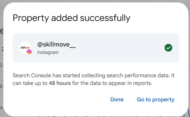 Confirmation that the @skillmove__ Instagram account is now a verified Search Console property.
