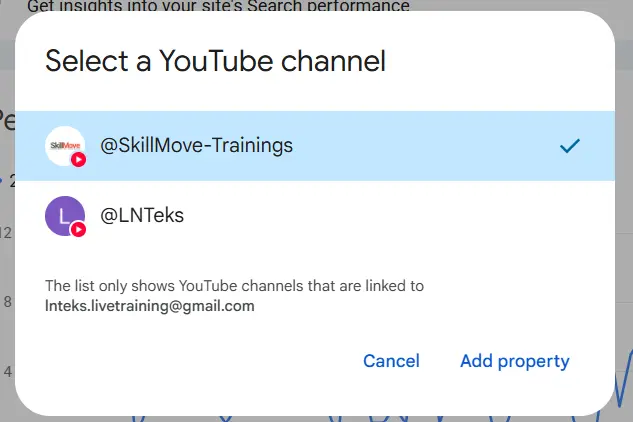 Search Console lists every YouTube channel linked to the Google account — @SkillMove-Trainings was selected over the sister channel @LNTeks.