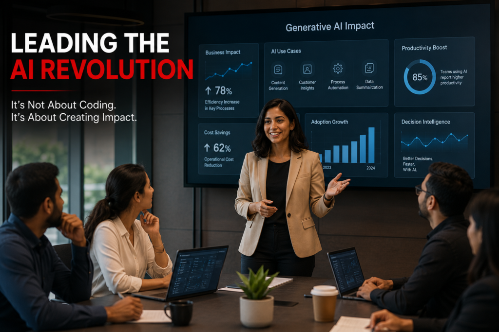 Business professional leading a Generative AI strategy meeting with AI dashboards, analytics, and business performance metrics, demonstrating how non-technical leaders can build successful careers in Generative AI.