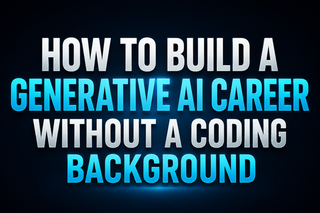 Professional featured image illustrating how to build a Generative AI career without a coding background, showing a business professional crossing the bridge between technology and career growth with AI innovation.