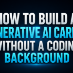 Professional featured image illustrating how to build a Generative AI career without a coding background, showing a business professional crossing the bridge between technology and career growth with AI innovation.