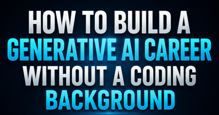 Professional featured image illustrating how to build a Generative AI career without a coding background, showing a business professional crossing the bridge between technology and career growth with AI innovation.