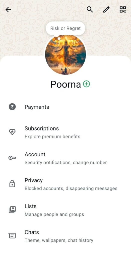 WhatsApp profile page where users can manage their username settings