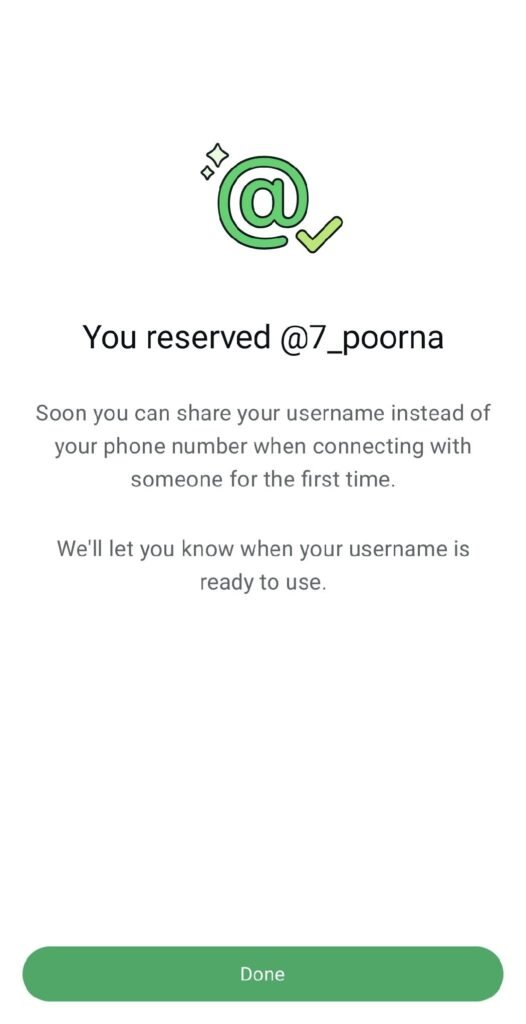 WhatsApp username reserved successfully confirmation screen