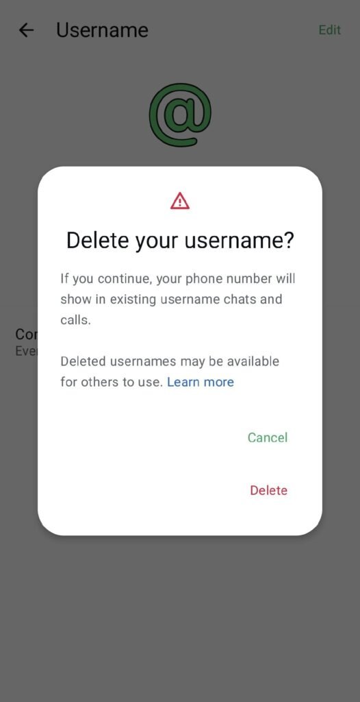 WhatsApp warning before deleting a reserved username
