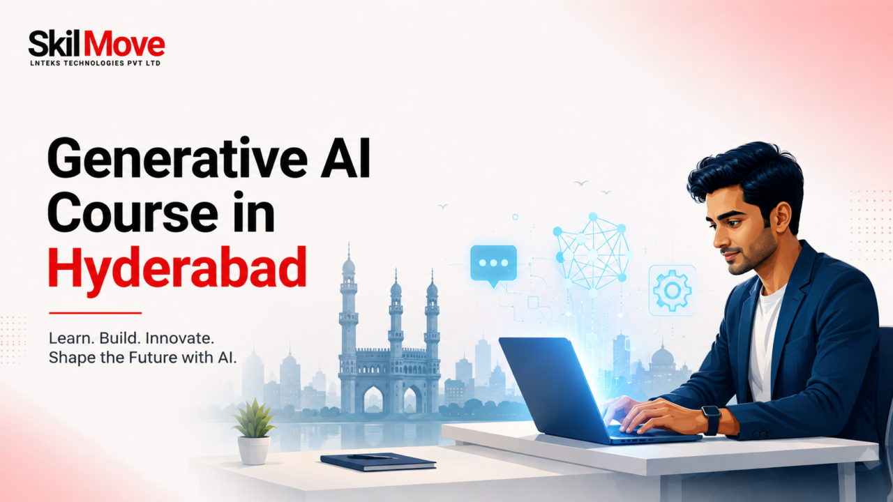 Generative AI Course in Hyderabad by SkillMove featuring AI learning and a professional using AI technology