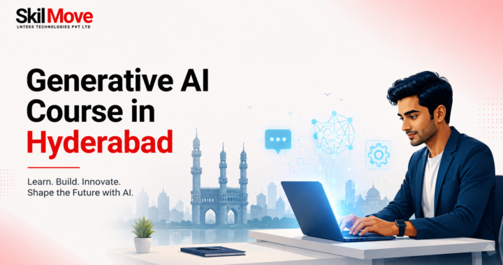 Generative AI Course in Hyderabad by SkillMove featuring AI learning and a professional using AI technology