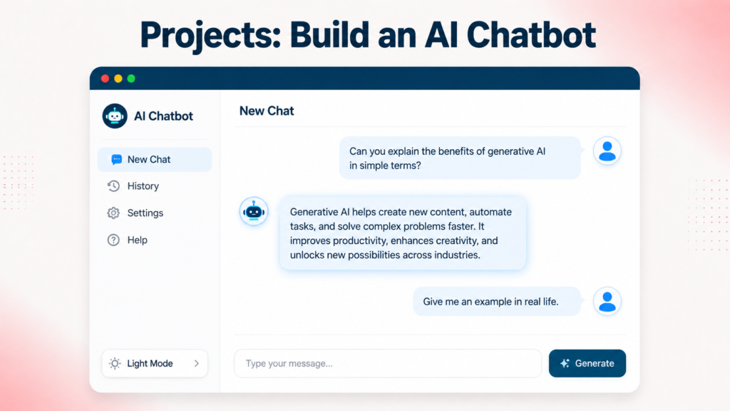 AI chatbot project using generative AI, showing chatbot interface, AI response generation, and practical artificial intelligence skills