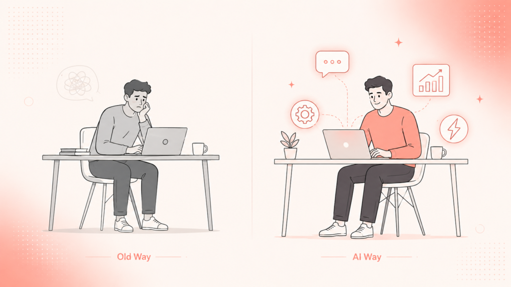 AI Way vs Old Way: a marketer working alone at a desk compared with a confident marketer using AI-powered tools and icons.