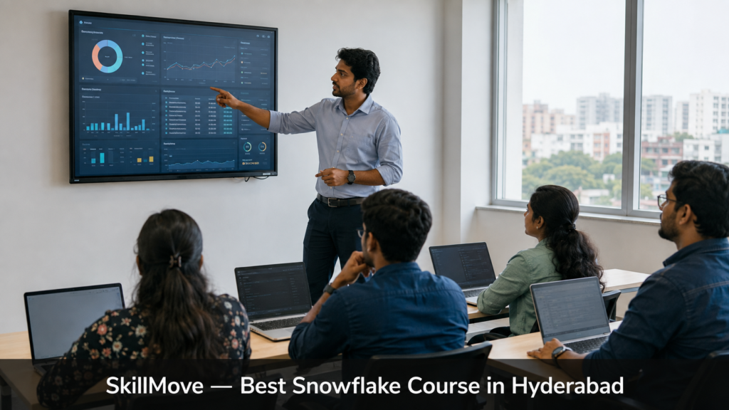 Modern IT training classroom in India with instructor teaching Snowflake data analytics to students at laptops