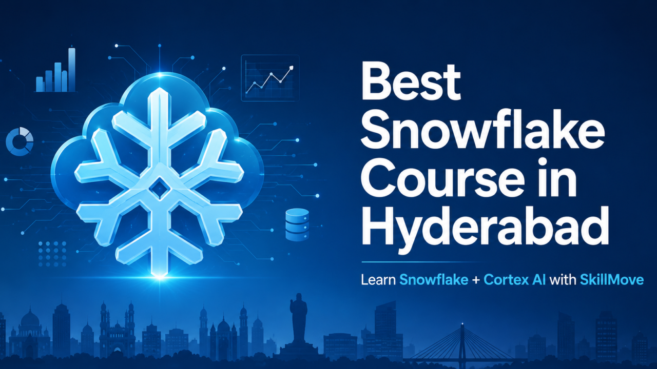 Best Snowflake Course in Hyderabad featuring a glowing Snowflake cloud icon, data analytics elements, and Hyderabad skyline