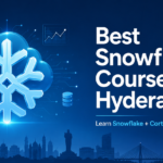 Best Snowflake Course in Hyderabad featuring a glowing Snowflake cloud icon, data analytics elements, and Hyderabad skyline