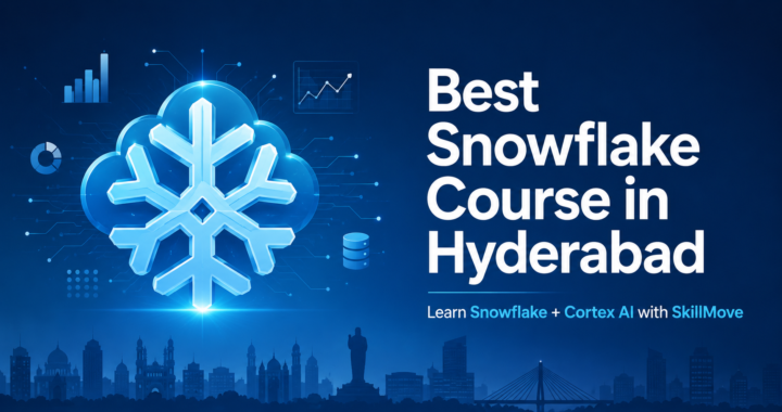 Best Snowflake Course in Hyderabad featuring a glowing Snowflake cloud icon, data analytics elements, and Hyderabad skyline