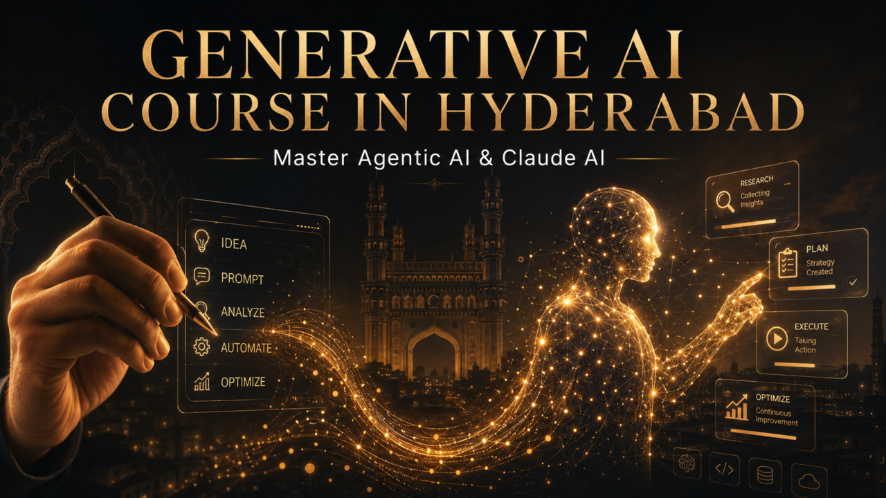 Generative AI course in Hyderabad featuring Agentic AI, Claude AI, AI automation, prompting, research, planning, execution and optimization with Hyderabad skyline