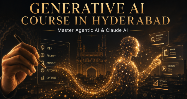 Generative AI course in Hyderabad featuring Agentic AI, Claude AI, AI automation, prompting, research, planning, execution and optimization with Hyderabad skyline