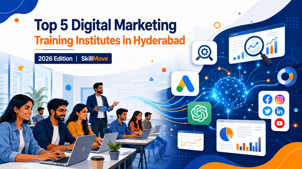 Top 5 Digital Marketing Training Institutes in Hyderabad 2026 featuring SkillMove, digital marketing tools, AI, Google Ads, social media, analytics, and classroom training