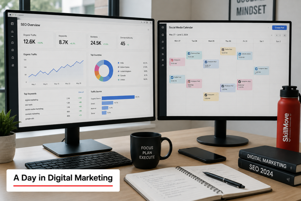 Modern digital marketing workspace with dual monitors displaying an SEO analytics dashboard and social media calendar, alongside a coffee mug, notebook, smartphone, and a title label reading "A Day in Digital Marketing."