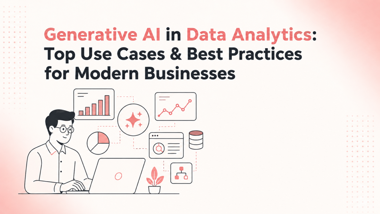 Minimalist illustration of a professional using Generative AI in data analytics with AI-powered dashboards, charts, graphs, and business intelligence icons, representing modern data analysis and automation.