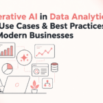 Minimalist illustration of a professional using Generative AI in data analytics with AI-powered dashboards, charts, graphs, and business intelligence icons, representing modern data analysis and automation.