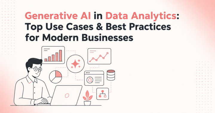 Minimalist illustration of a professional using Generative AI in data analytics with AI-powered dashboards, charts, graphs, and business intelligence icons, representing modern data analysis and automation.